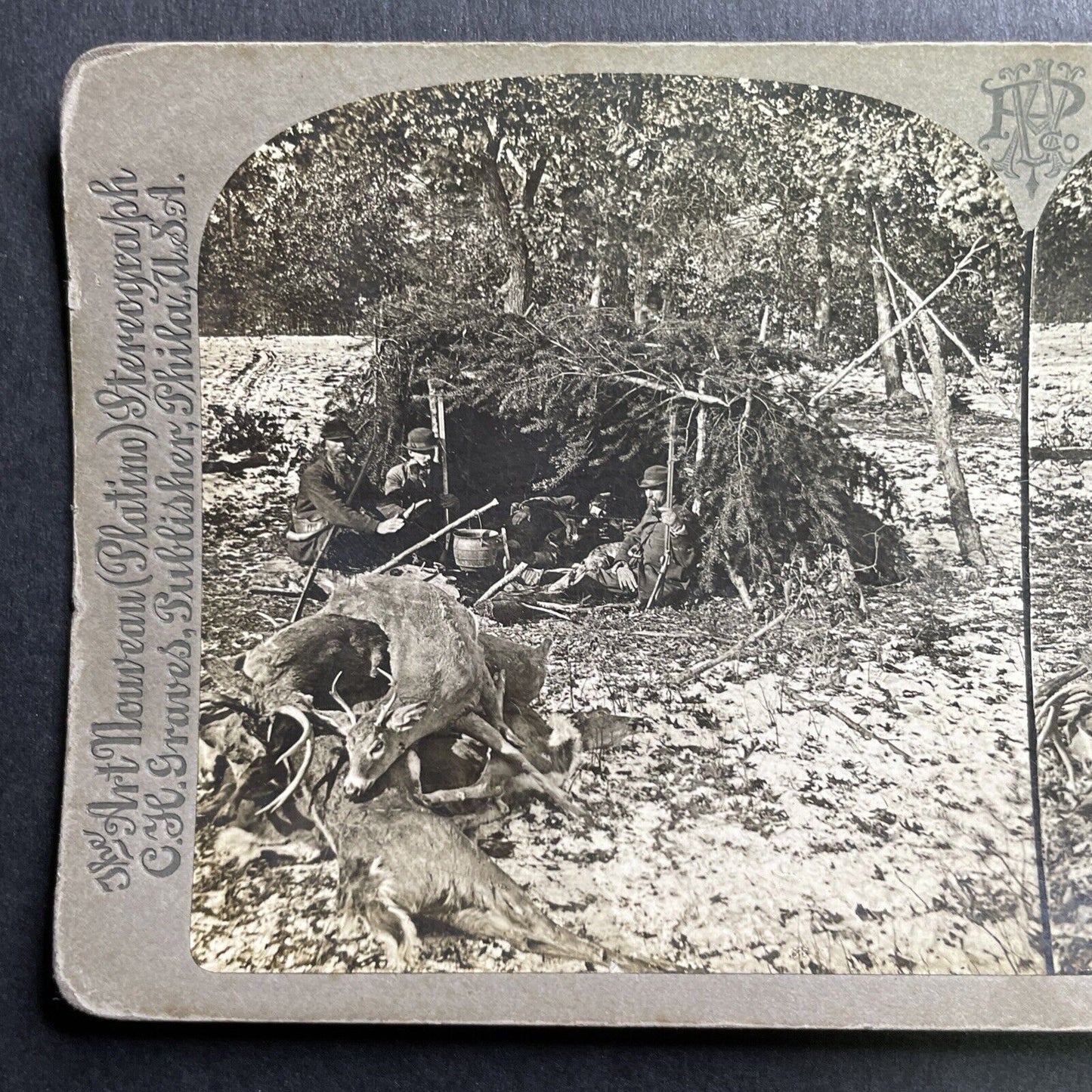 Antique 1898 New Hampshire Deer Hunting Camp Stereoview Photo Card P1662