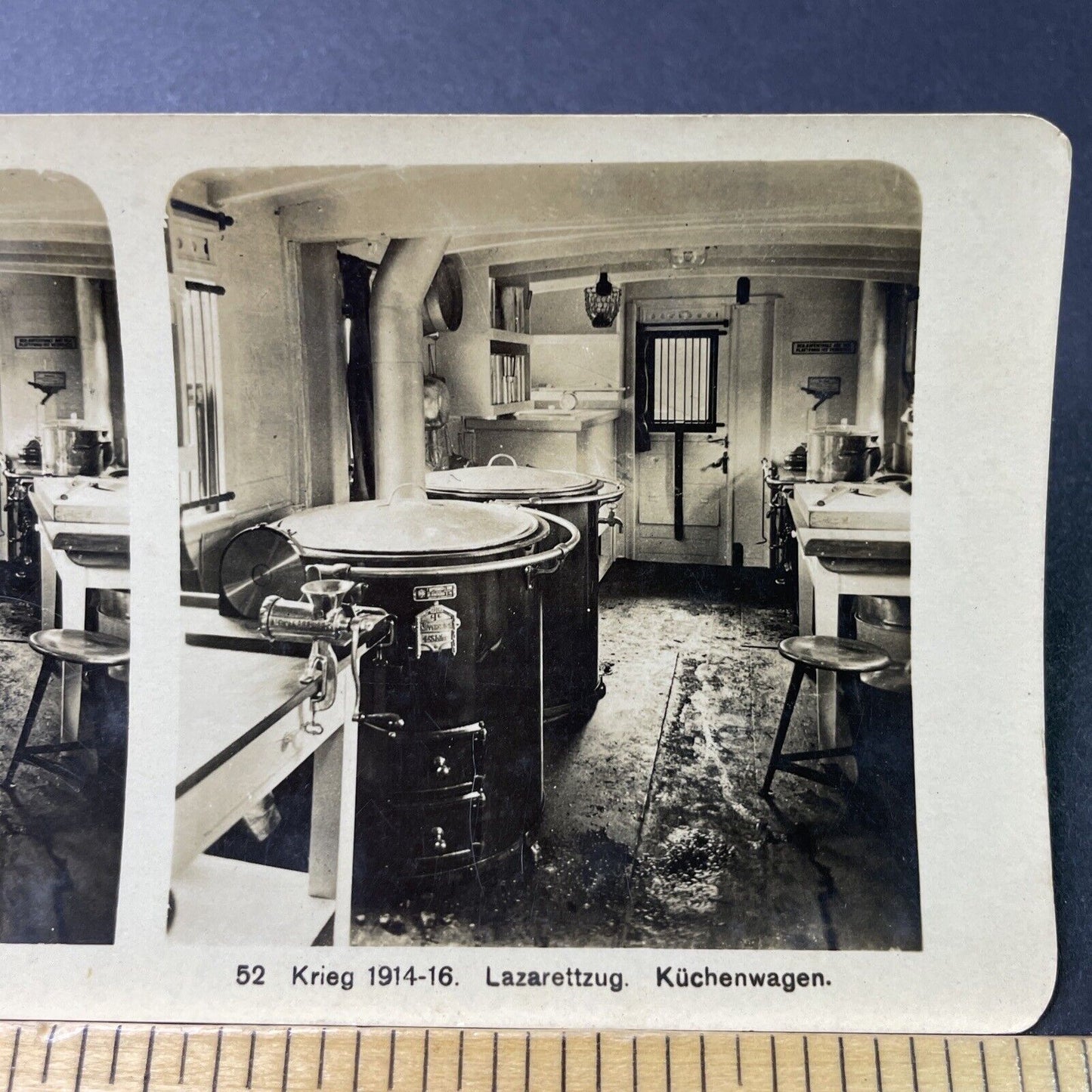 Antique 1916 WW1 German Train Mess Car Rail Kitchen Stereoview Photo Card P3053