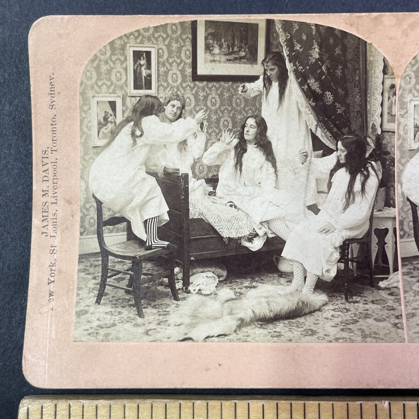 Women in Nightgowns Catch a Rat Stereoview James M. Davis Antique c1899 Y1798