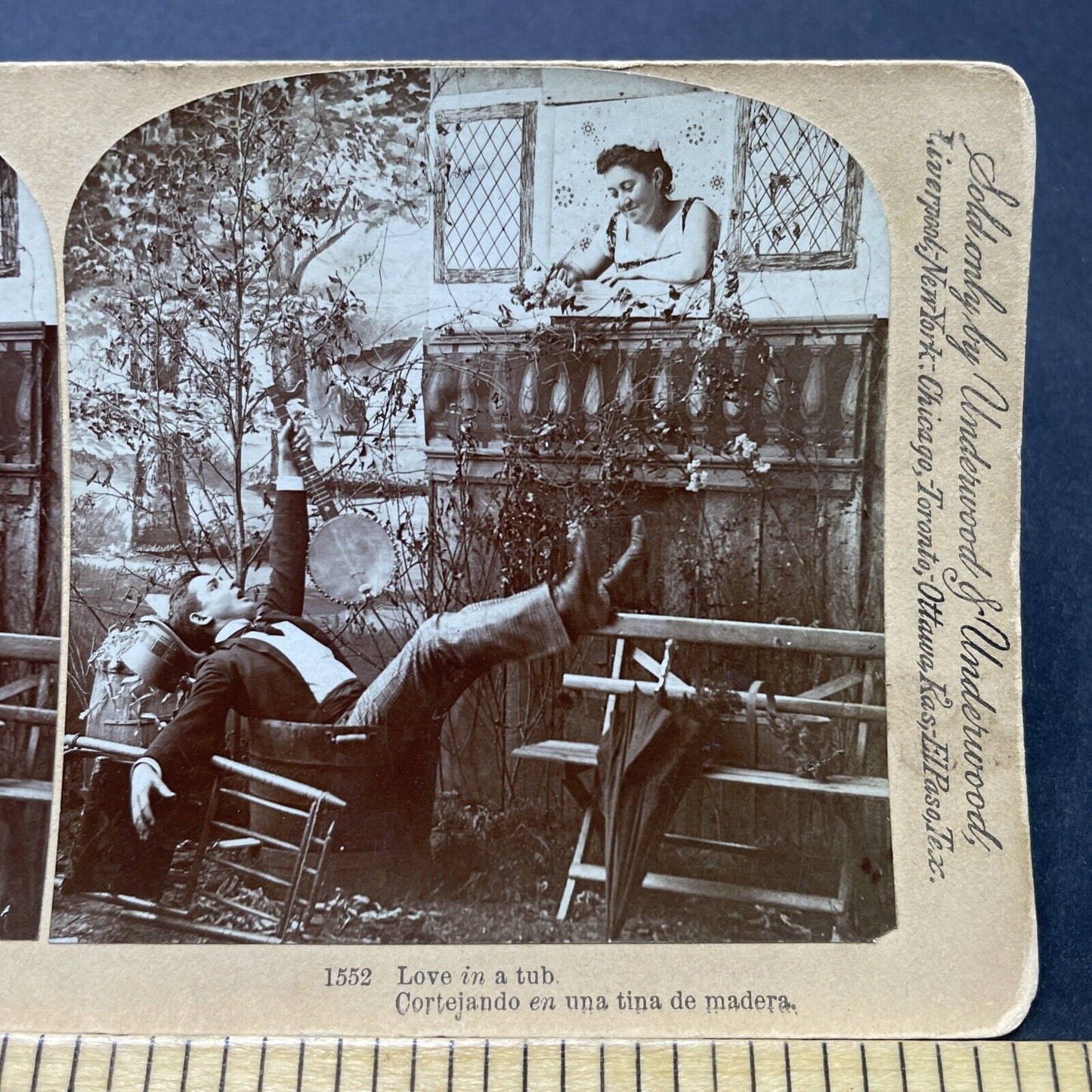 Antique 1891 Banjo Player Falls In Love At Window Stereoview Photo Card P2609