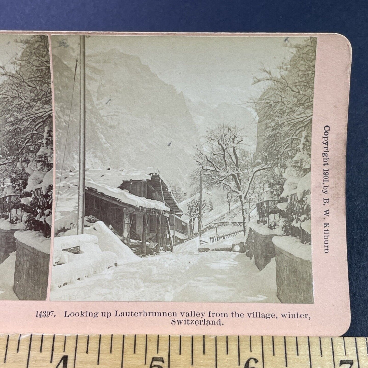 Antique 1901 Snowstorm Lauterbrunnen Switzerland Stereoview Photo Card P3832