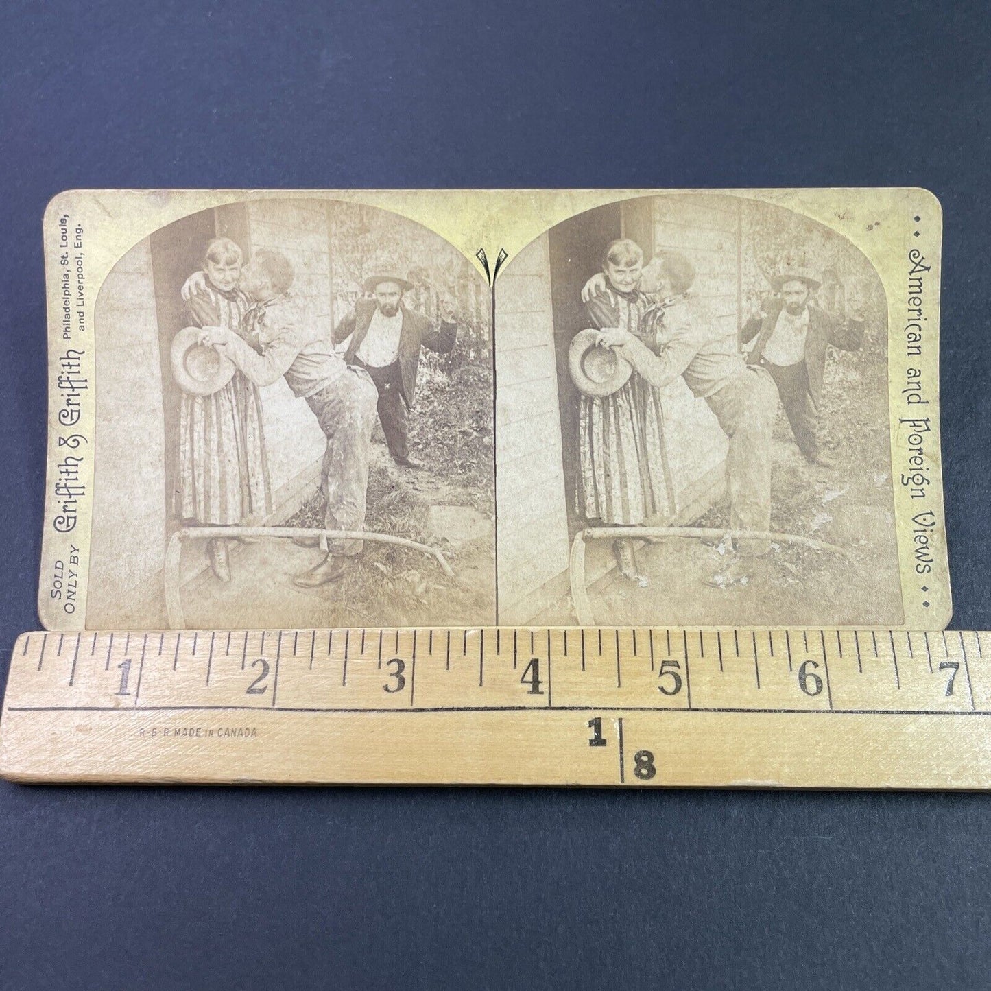 Antique 1892 Man Beats Friend For Kissing Wife Stereoview Photo Card P3338