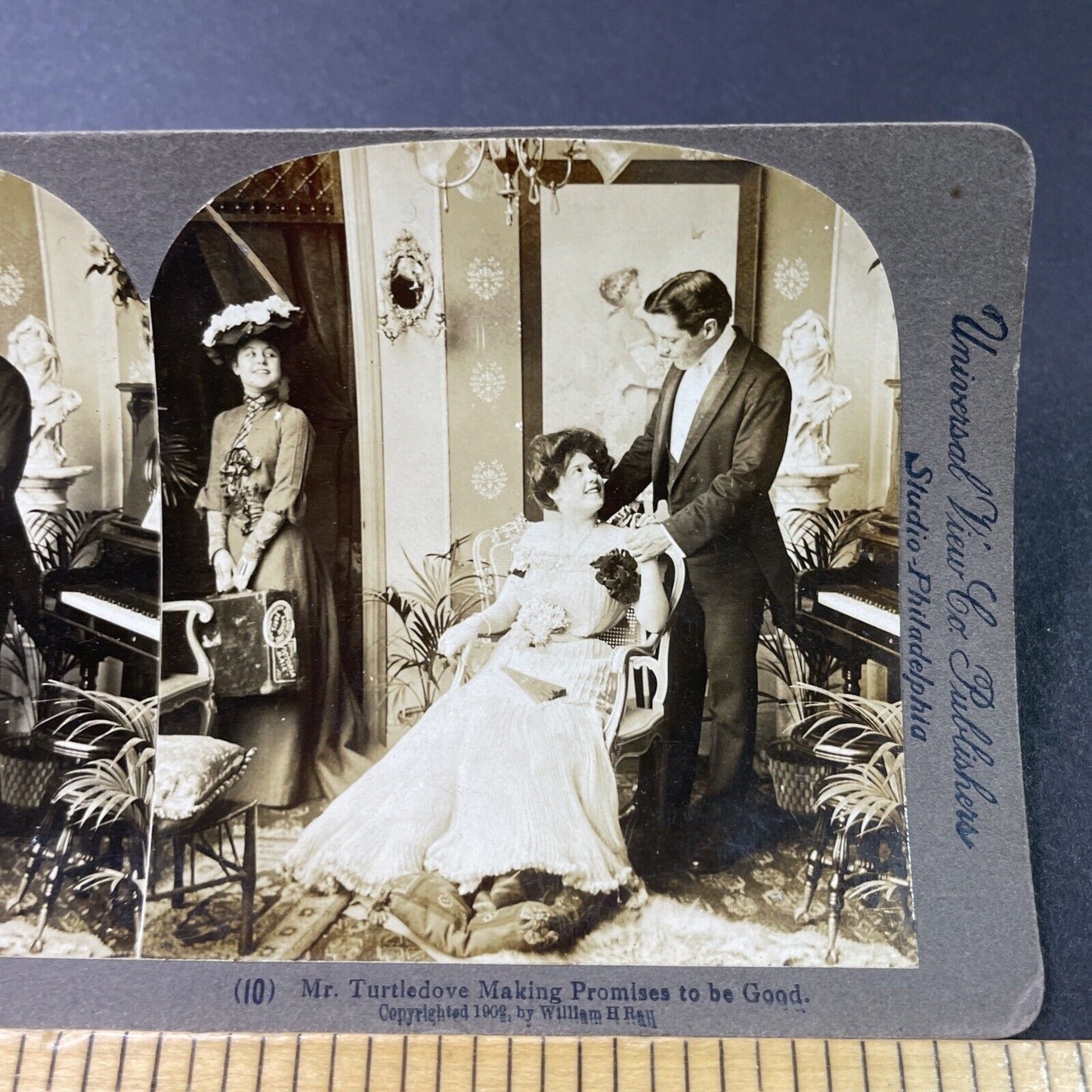 Antique 1902 New Maid Flirts With Married Man Stereoview Photo Card P2909