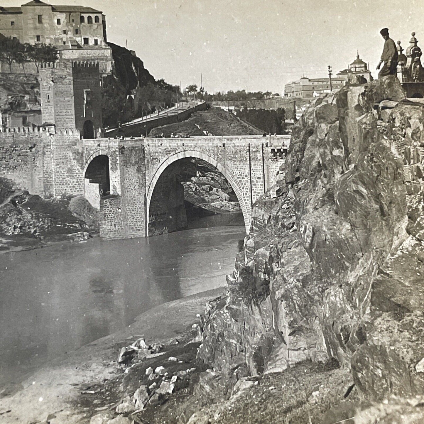 Elcantara Bridge in Toledo Spain Stereoview River View Antique c1908 X4213