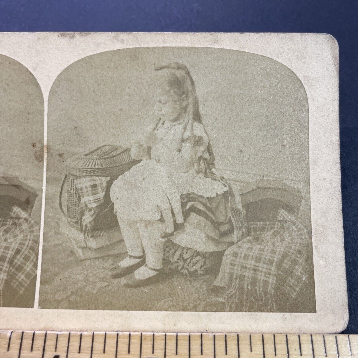 Antique 1872 Little Girl Sewing Her Dolls Clothes Stereoview Photo Card P3531
