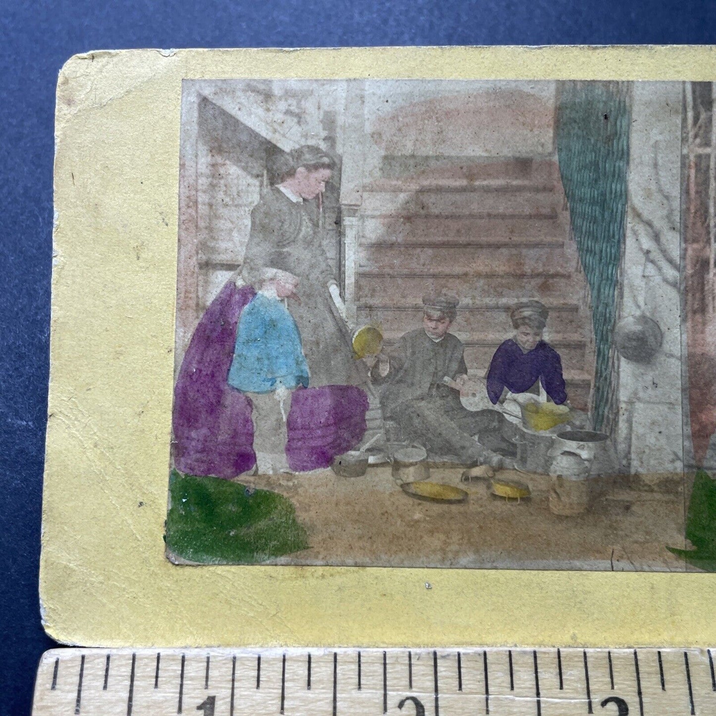 Antique 1850s Children Washing Dishes For Mother Stereoview Photo Card P4016