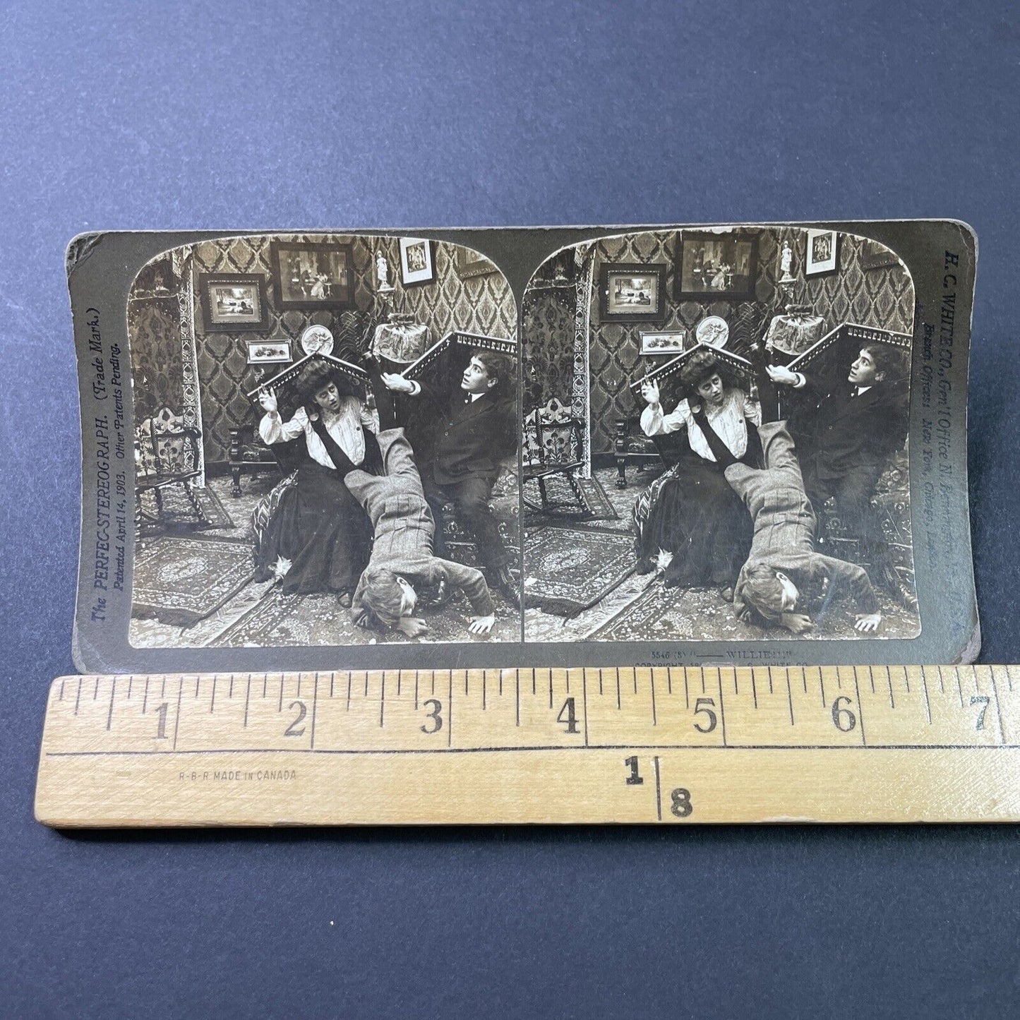 Antique 1903 Boy Falls Off Of Dressing Room Divider  Stereoview Photo Card P2900