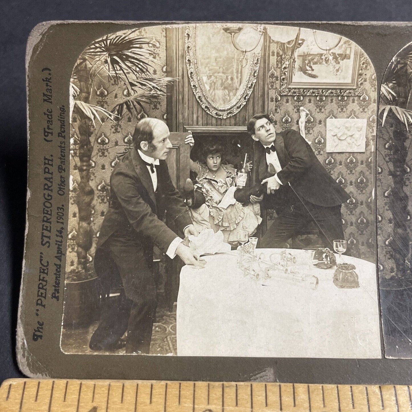 Antique 1903 Man Hides His Mistress In A Closet Stereoview Photo Card P4818