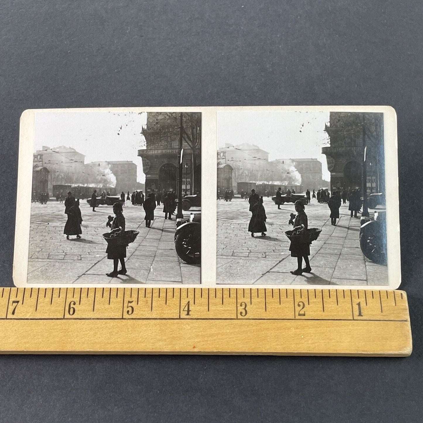 Antique 1925 Child Selling Flowers Turin Italy OOAK Stereoview Photo Card 3225