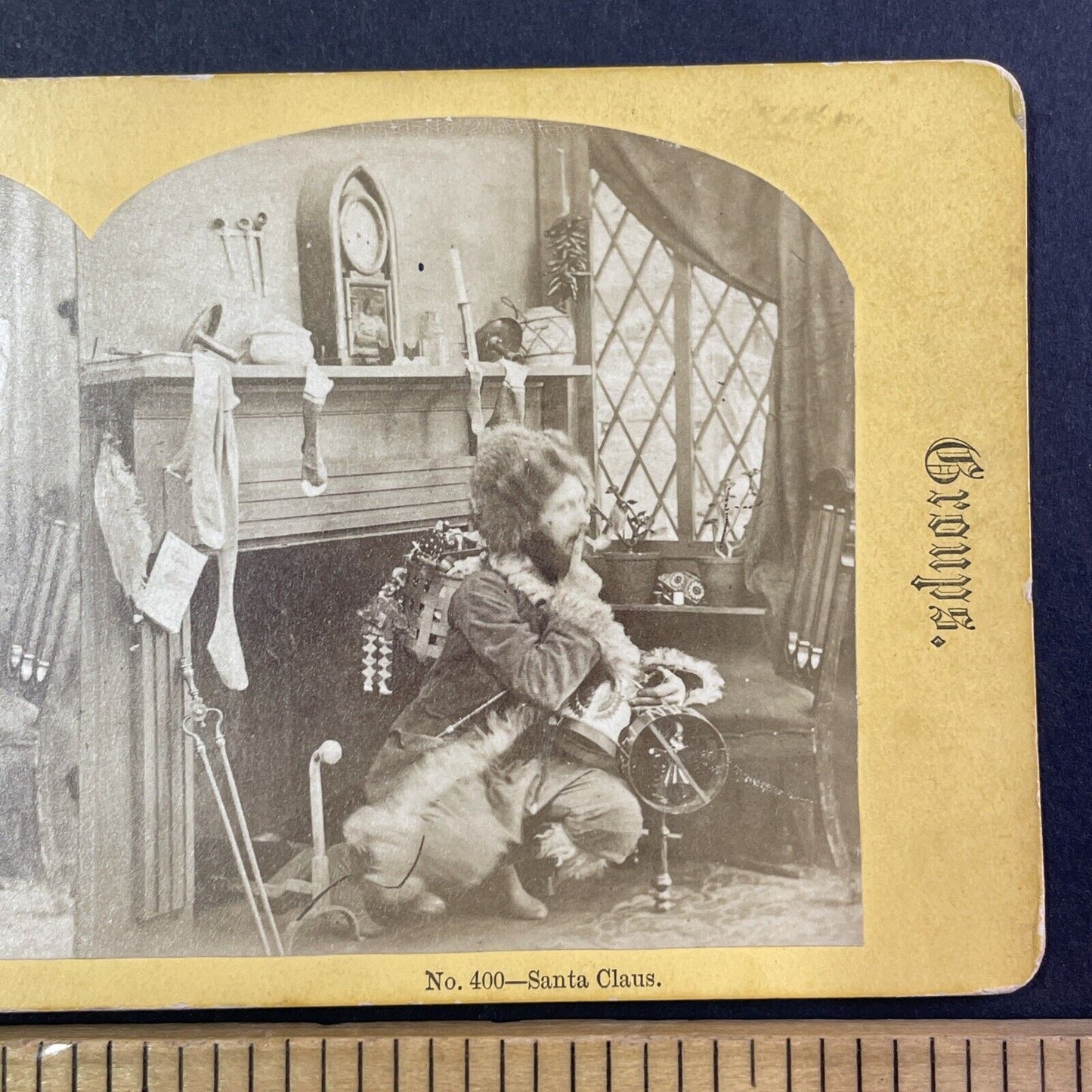 Santa Claus Coonskin Hat Stereoview Early Christmas Photo Antique c1865 X2584