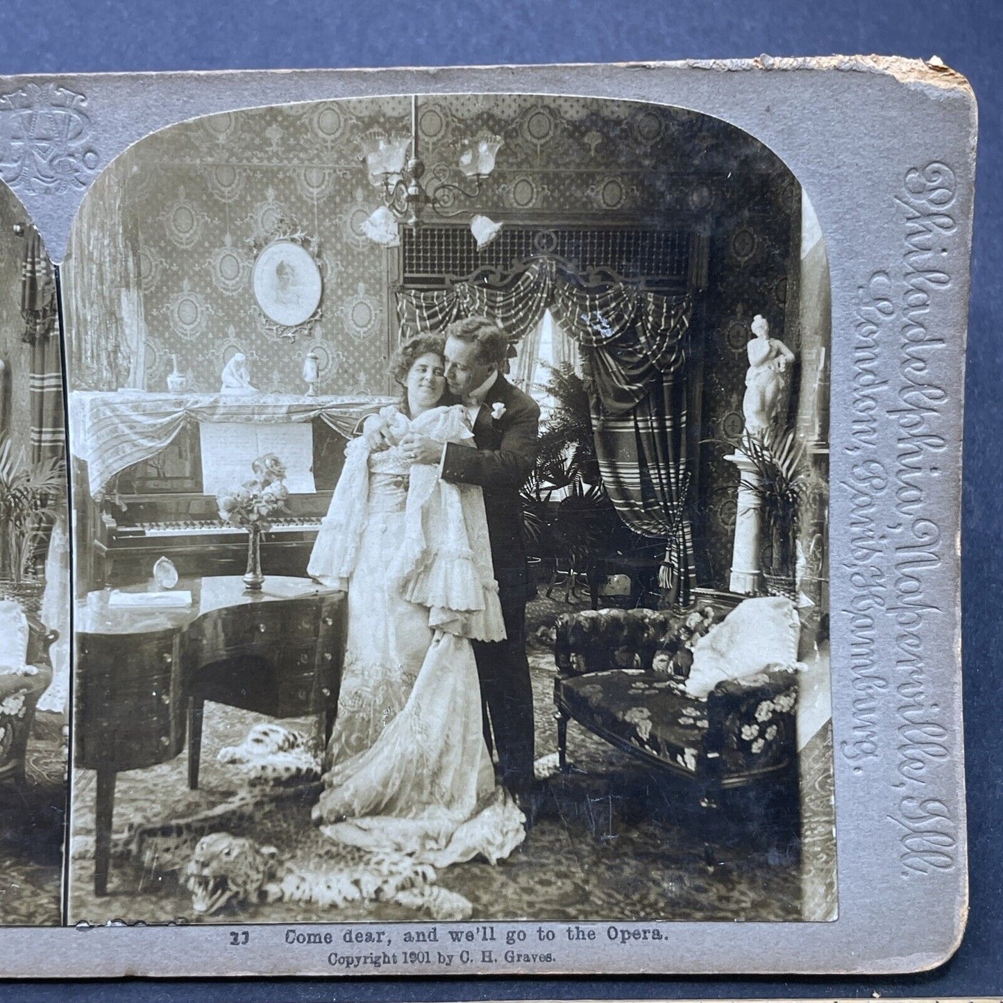 Antique 1901 Roaring Cheetah Skin Rug In Parlor Stereoview Photo Card P2581