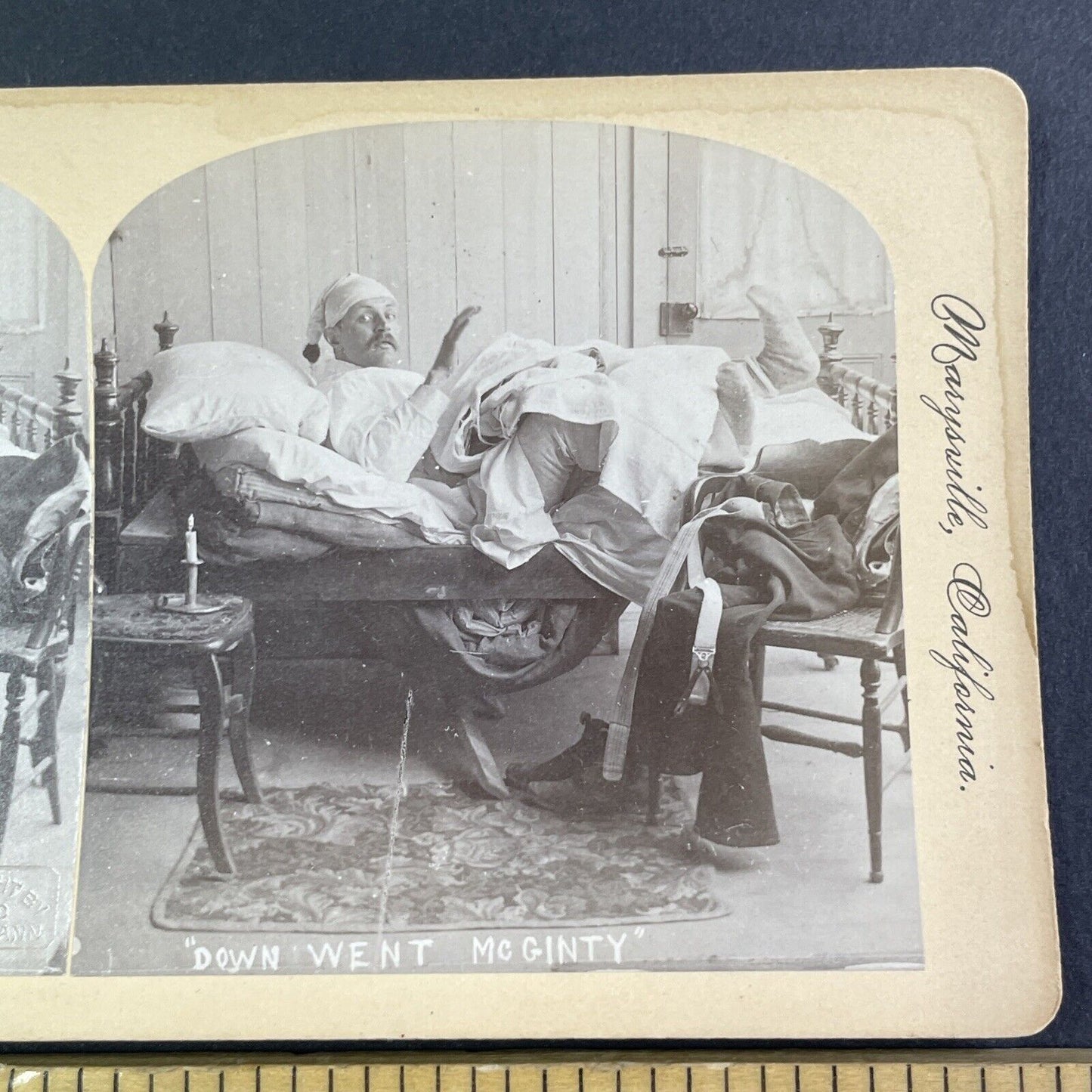 Man Falls Through Bed Stereoview Marysville California Antique c1890 X4129