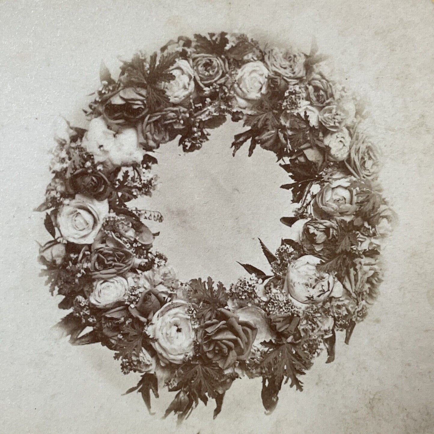 Antique 1870s Funeral Flowers Wreath Keene NH Stereoview Photo Card V1756