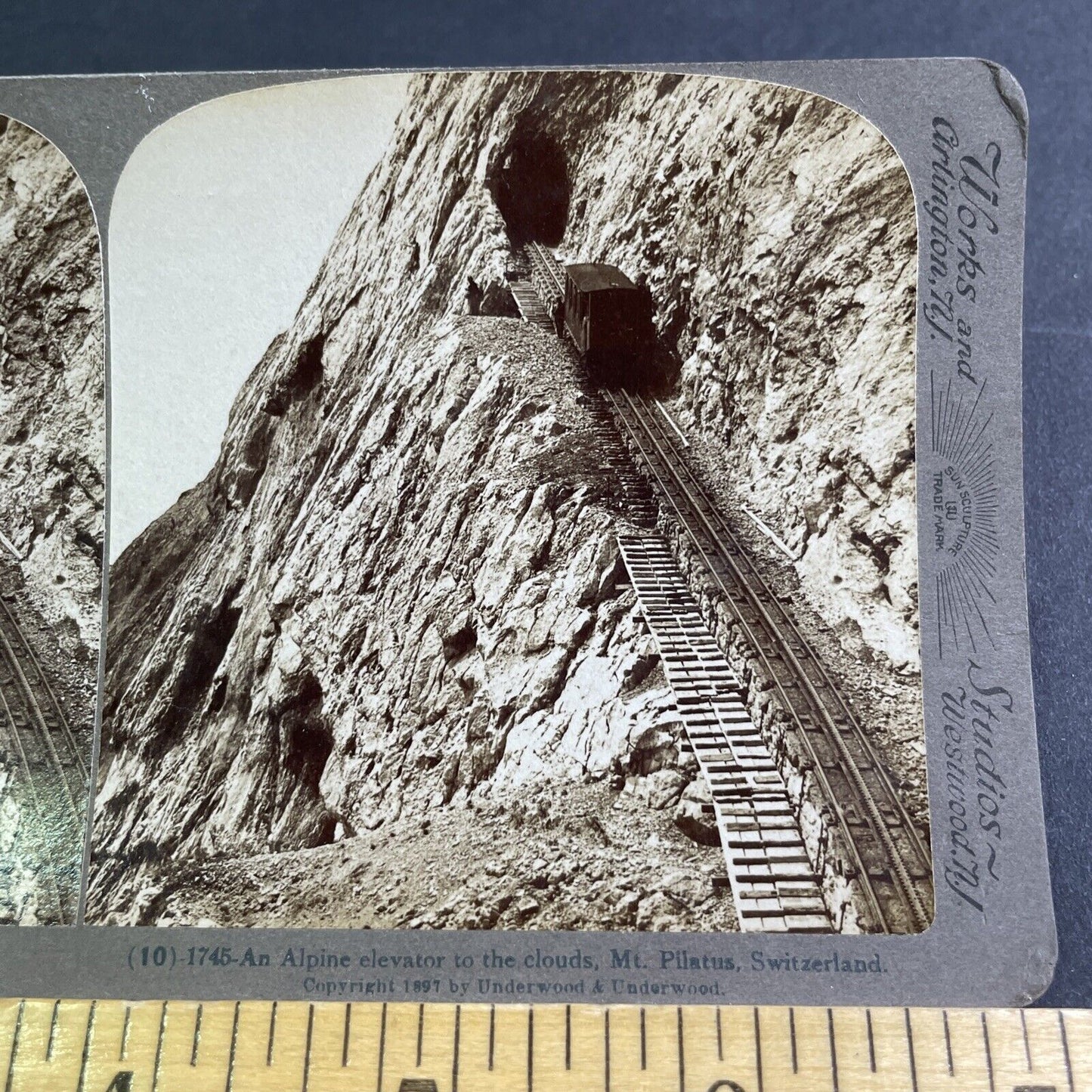 Antique 1897 Mt Pilatus Vertical Railroad Train Rail Stereoview Photo Card P2344