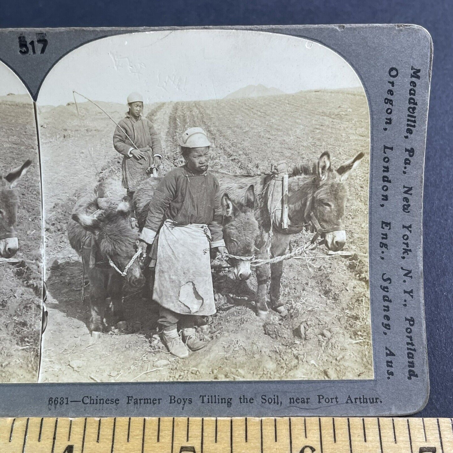 Antique 1905 Chinese Children Farming Soil China Stereoview Photo Card P2219