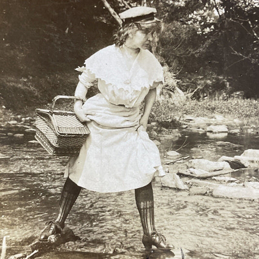 Antique 1905 Teen Woman Crosses A River Stereoview Photo Card P4739