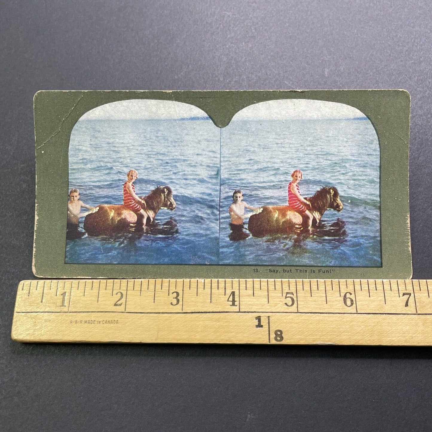 Antique 1905 Children Riding A Pony In A Lake Stereoview Photo Card V3410