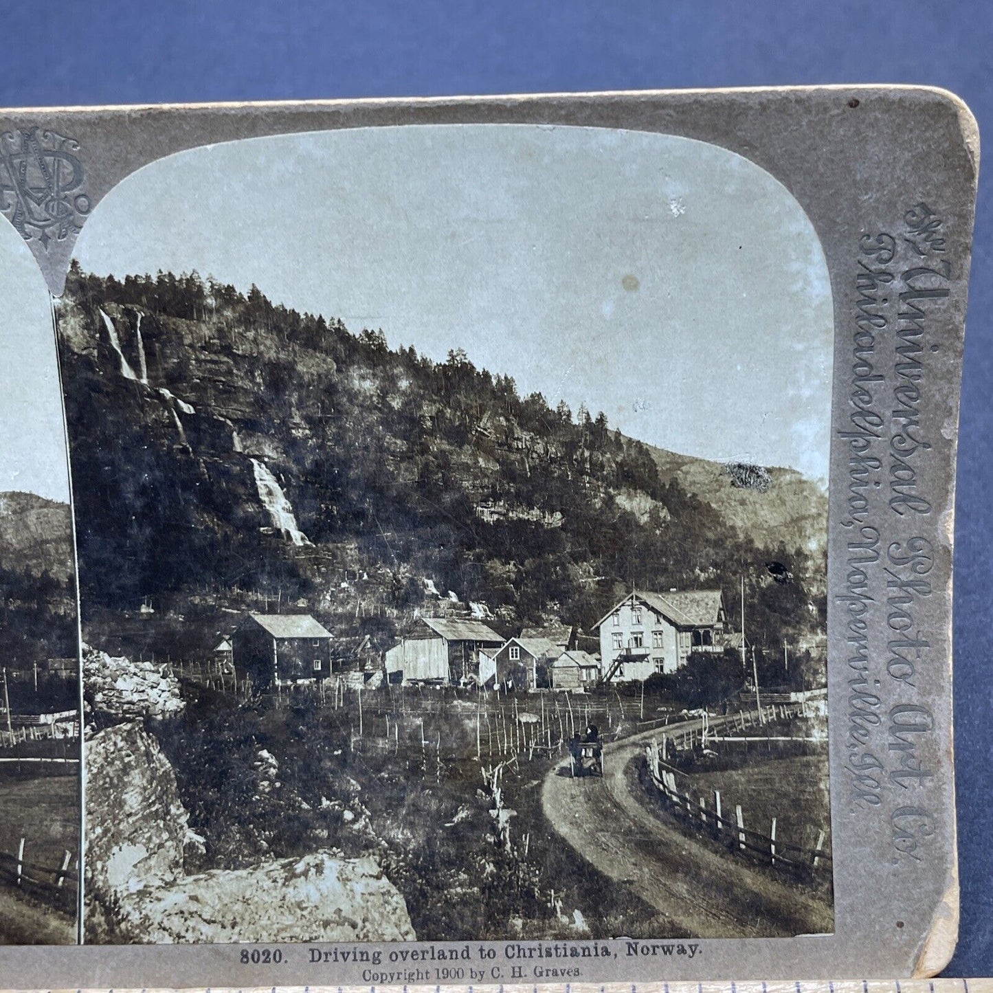 Antique 1900 Hillside Waterfall Oslo Norway Stereoview Photo Card P1837