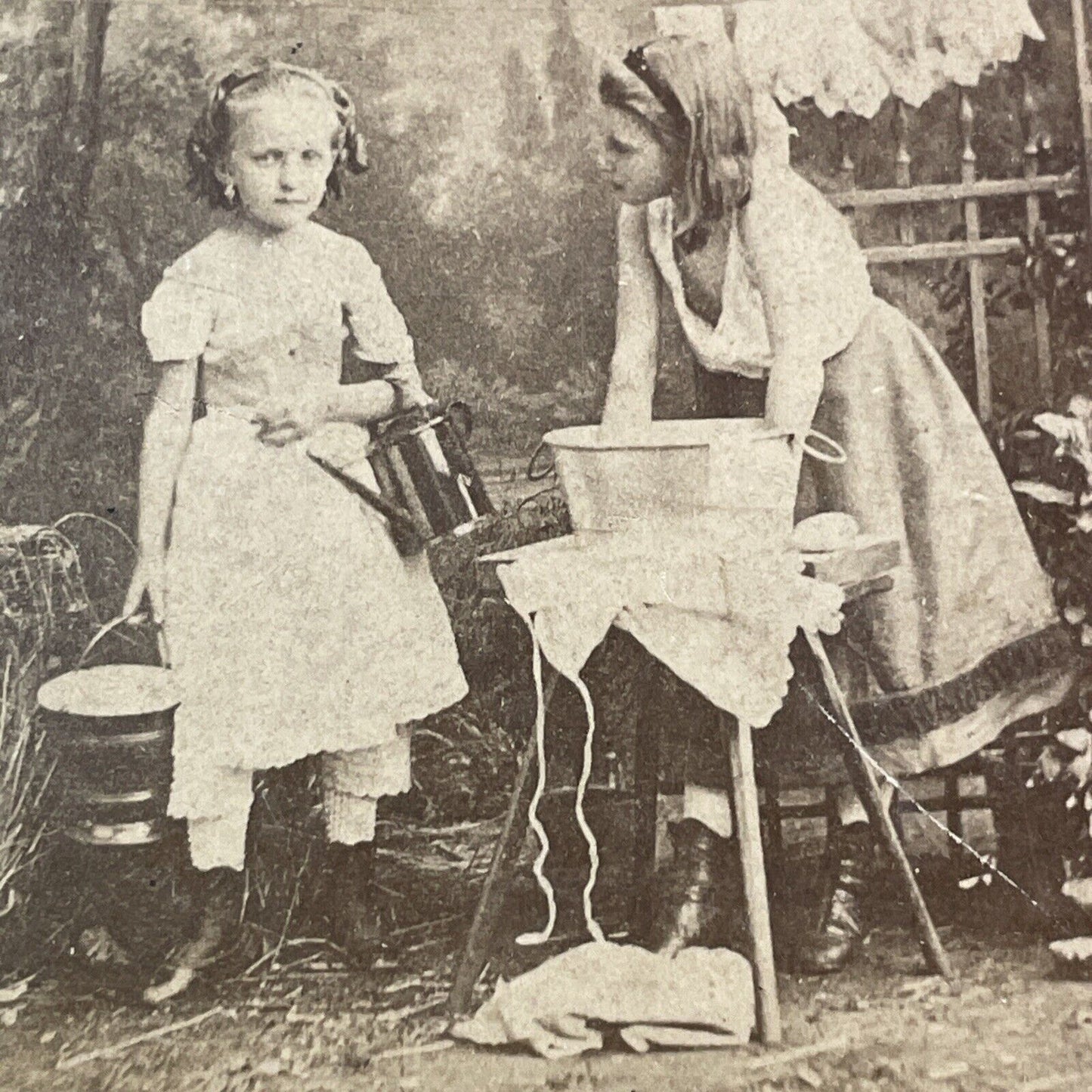 Children Doing Household Chores Stereoview Washing Laundry Antique c1880 X2404