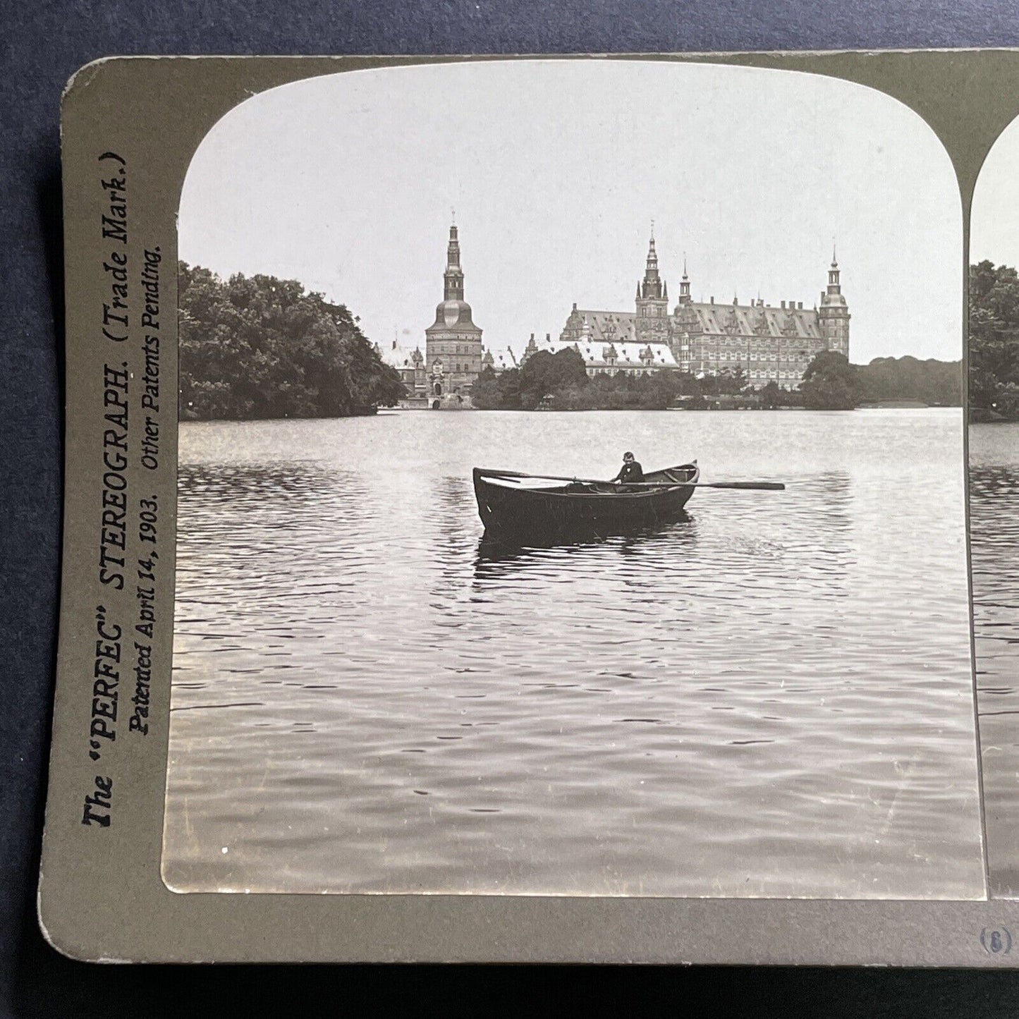 Antique 1902 Boy In Rowboat Lake Slotssoen Denmark Stereoview Photo Card P1306