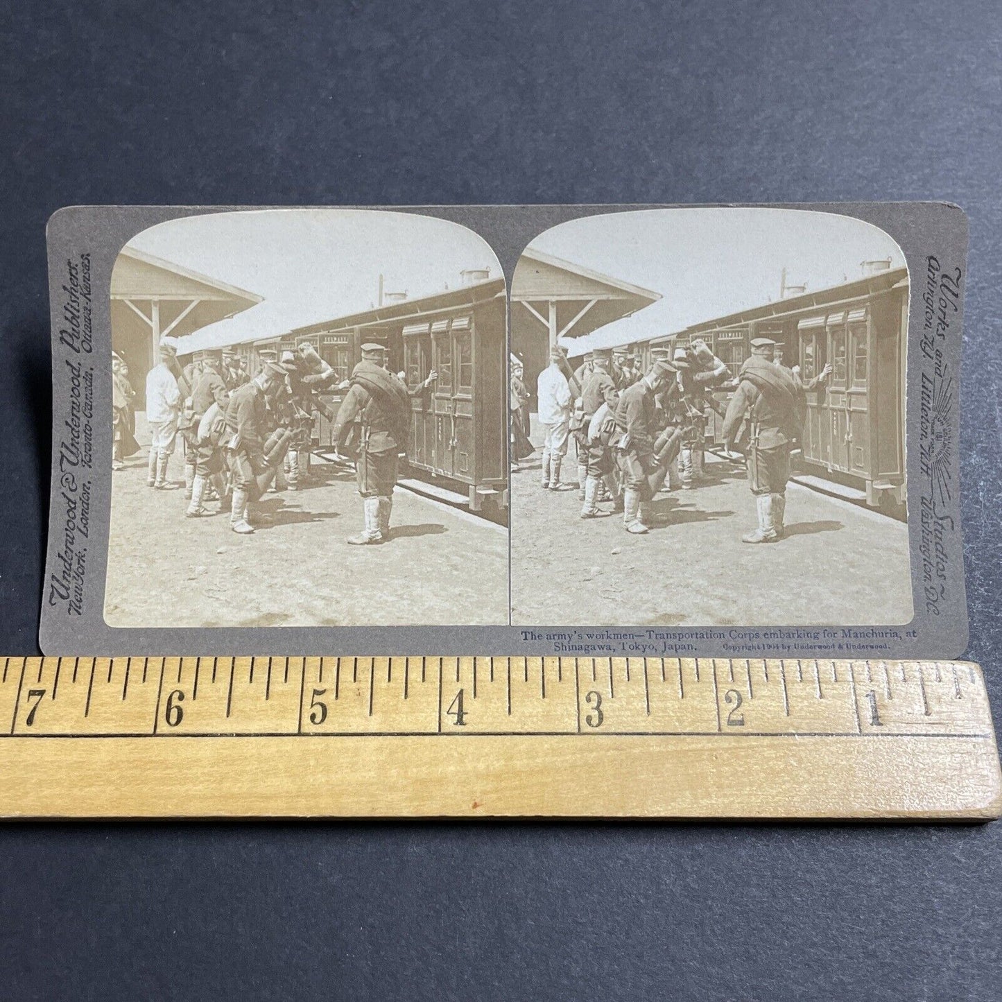 Antique 1904 Japanese Soldier Troop Train Rail Stereoview Photo Card P5604