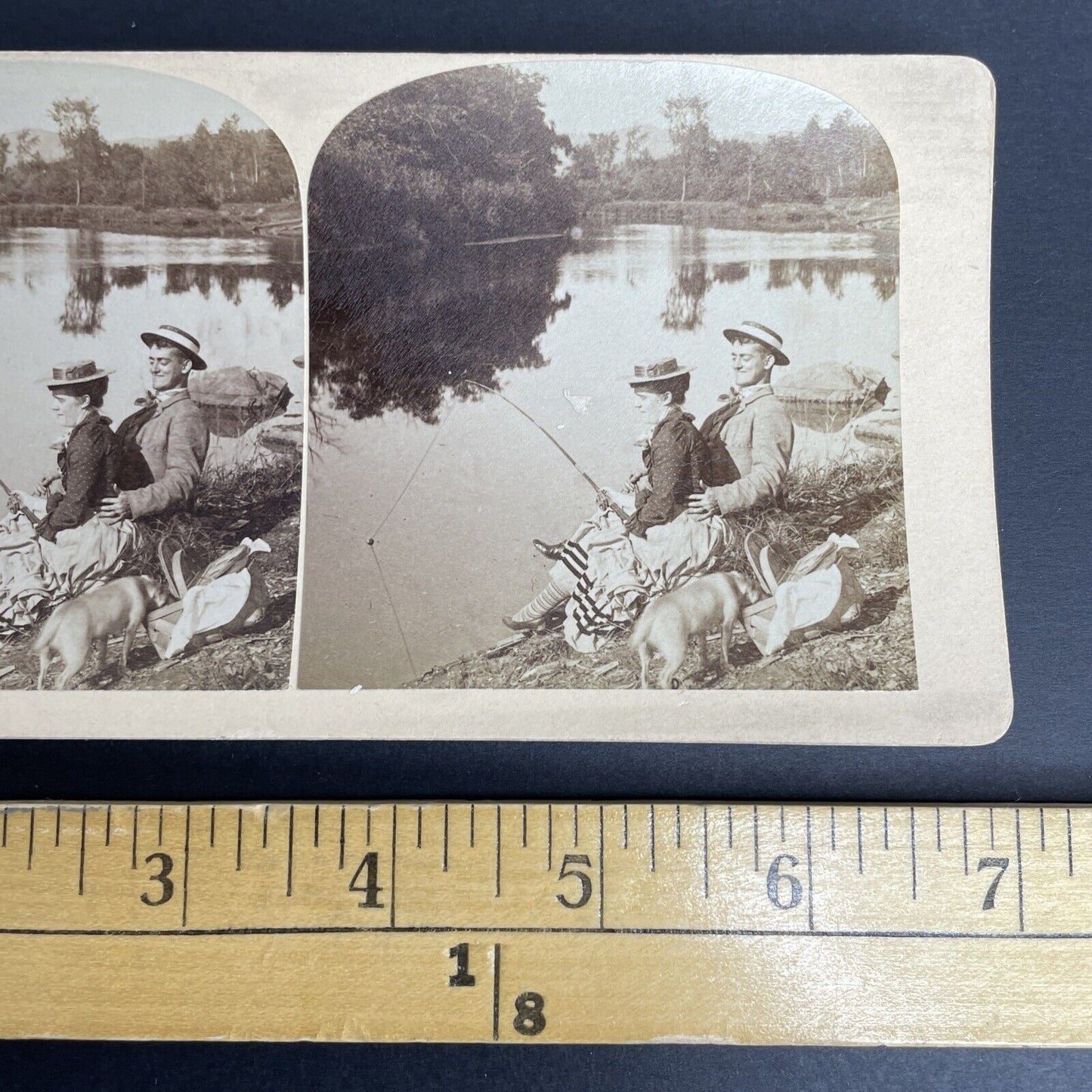 Antique 1880's Handsy Man & Woman Fishing Stereoview Photo Card PC801