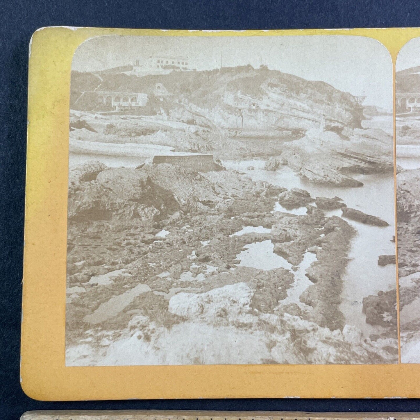 Rocky Shore Biarritz France Stereoview Jean Andrieu Antique c1870s X3774