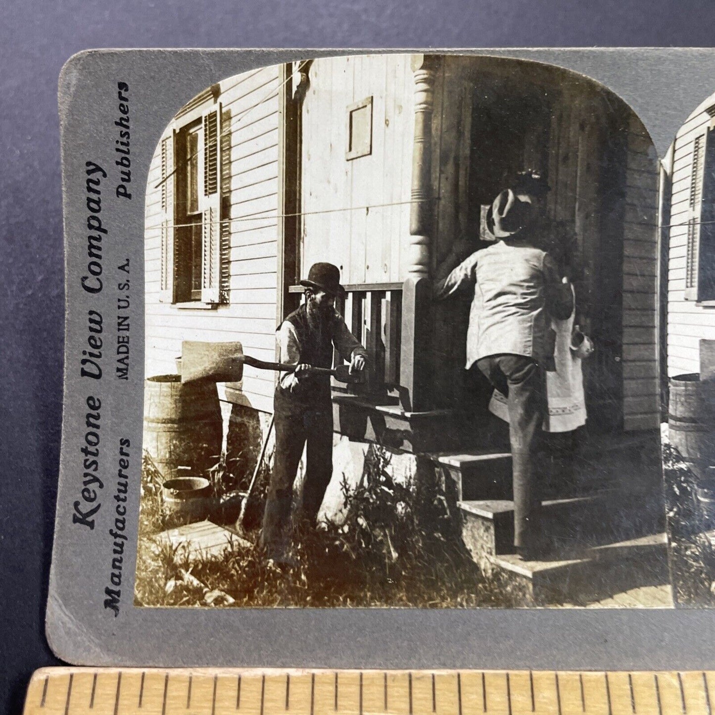 Antique 1903 Man Beats Friend For Kissing His Wife Stereoview Photo Card P4085