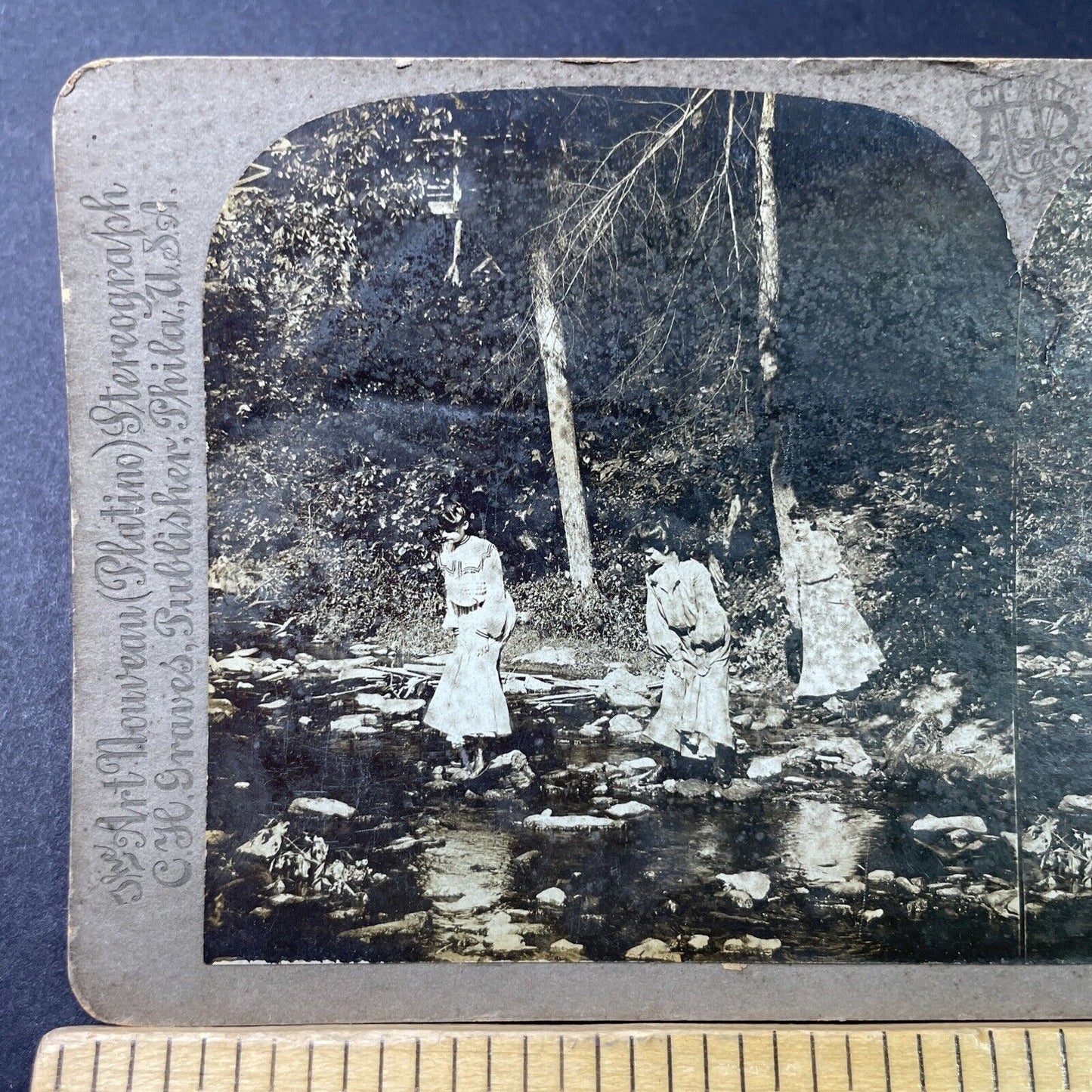 Antique 1903 Women Cross River In Flower Dresses Stereoview Photo Card P2975