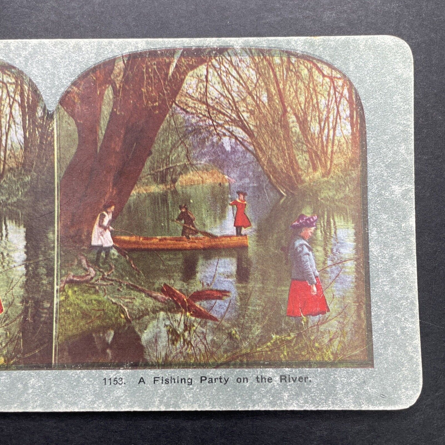 Antique 1898 Children Bass Fishing On A River Stereoview Photo Card P580-051