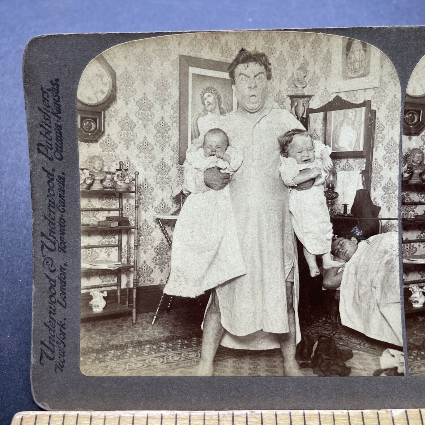 Antique 1897 Exhausted Dad With Crying Babies Stereoview Photo Card P2392