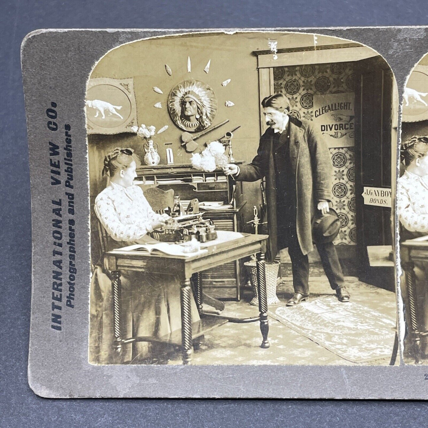Antique 1903 Man Flirts With His Office Secretary Stereoview Photo Card P1807