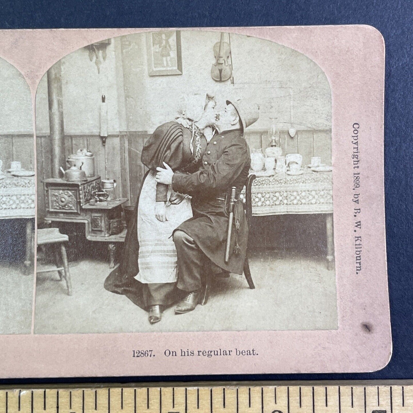 Police Officer Kisses a Woman While Working Stereoview Antique c1899 Y1209