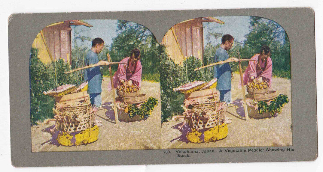 Antique 1904 Farmers Carrying Food To Market Yokohama Japan Stereo Card P289