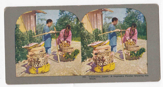 Antique 1904 Farmers Carrying Food To Market Yokohama Japan Stereo Card P289