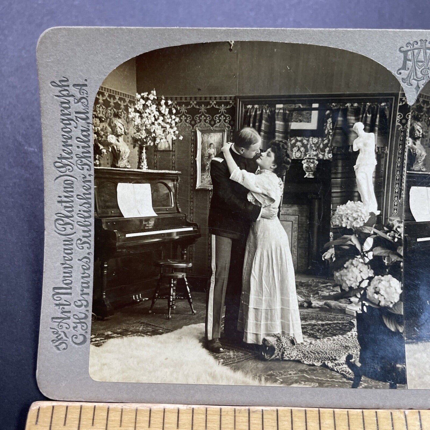 Antique 1907 US Military Army Soldier Kisses Wife Stereoview Photo Card P3481