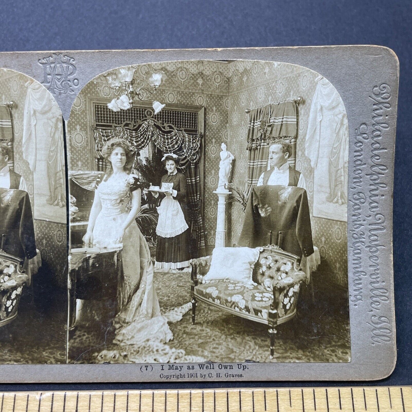 Antique 1901 Wife Accuses Husband Of Affair Stereoview Photo Card P2576