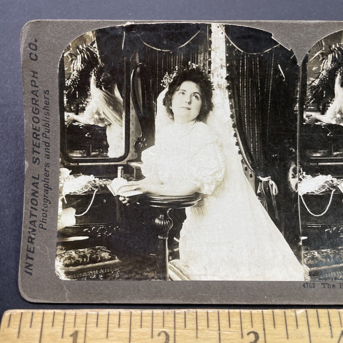 Antique 1905 Bride Prays Before Her Wedding Stereoview Photo Card P2654