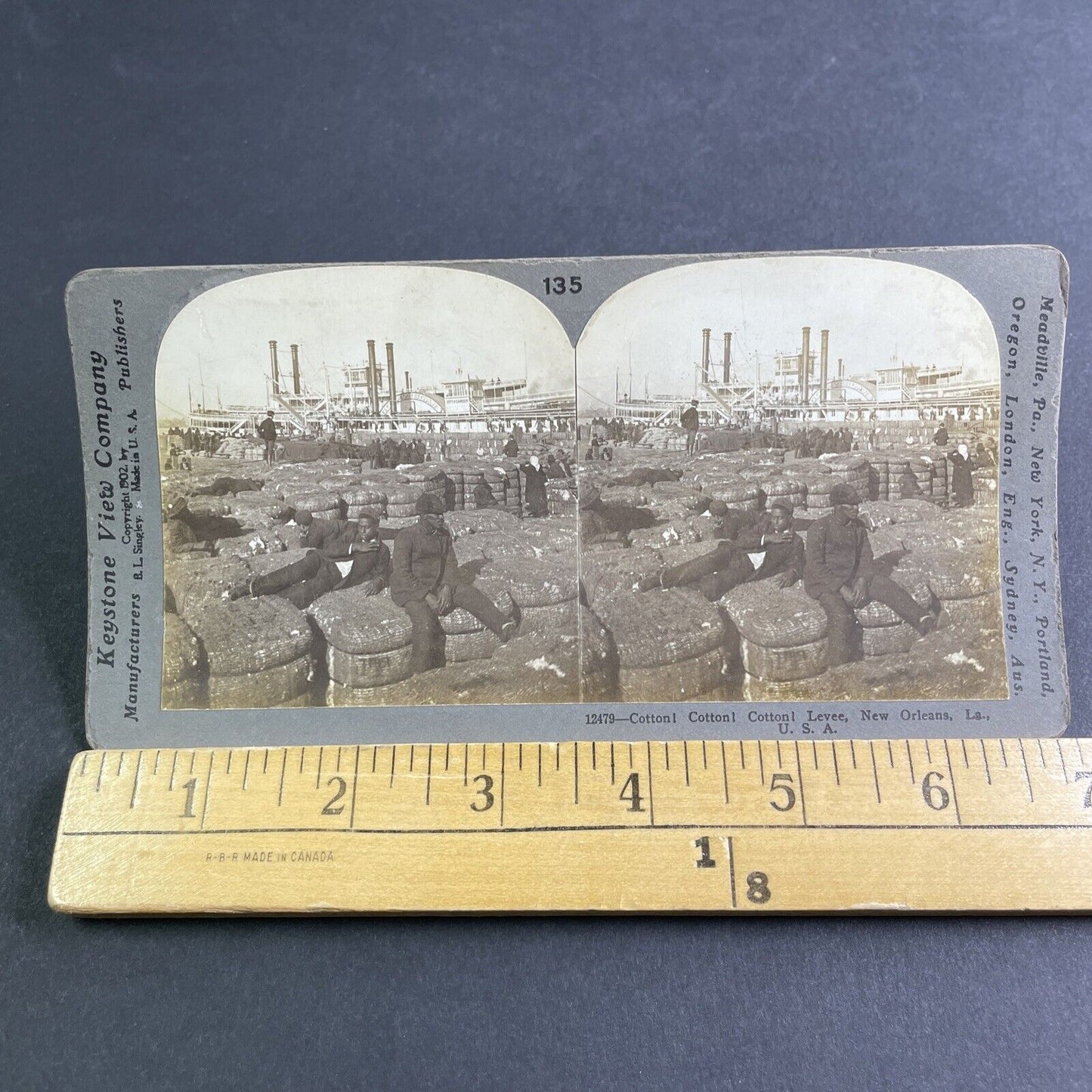 Antique 1902 Loading Cotton Steamships New Orleans Stereoview Photo Card P2137