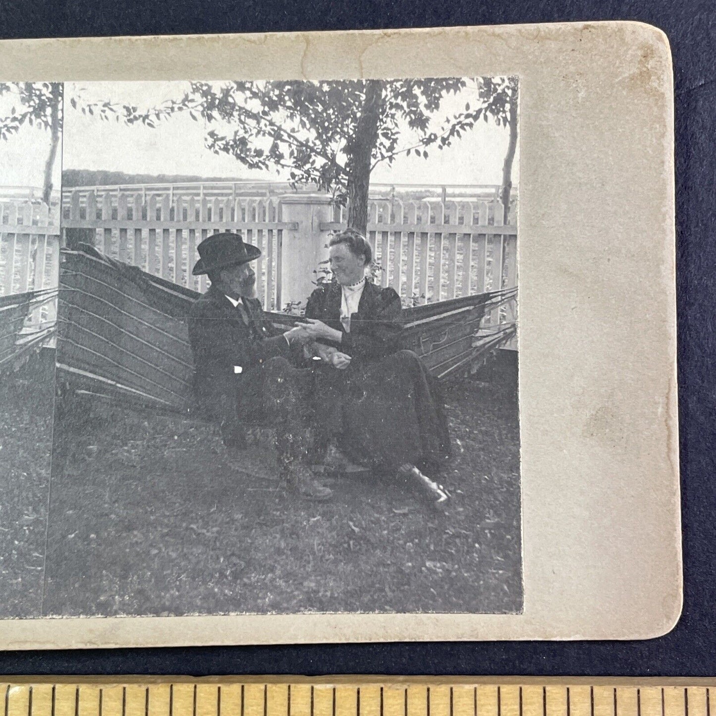 Man and Woman Smiling in a Hammock Stereoview OOAK Antique c1908 Y2723