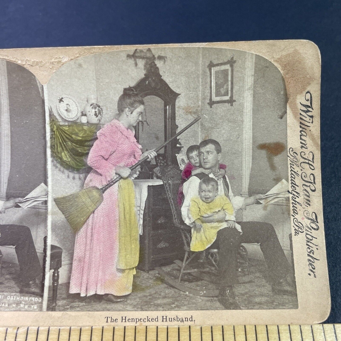 Antique 1890s Woman Threatens Husband With A Broom Stereoview Photo Card P3364