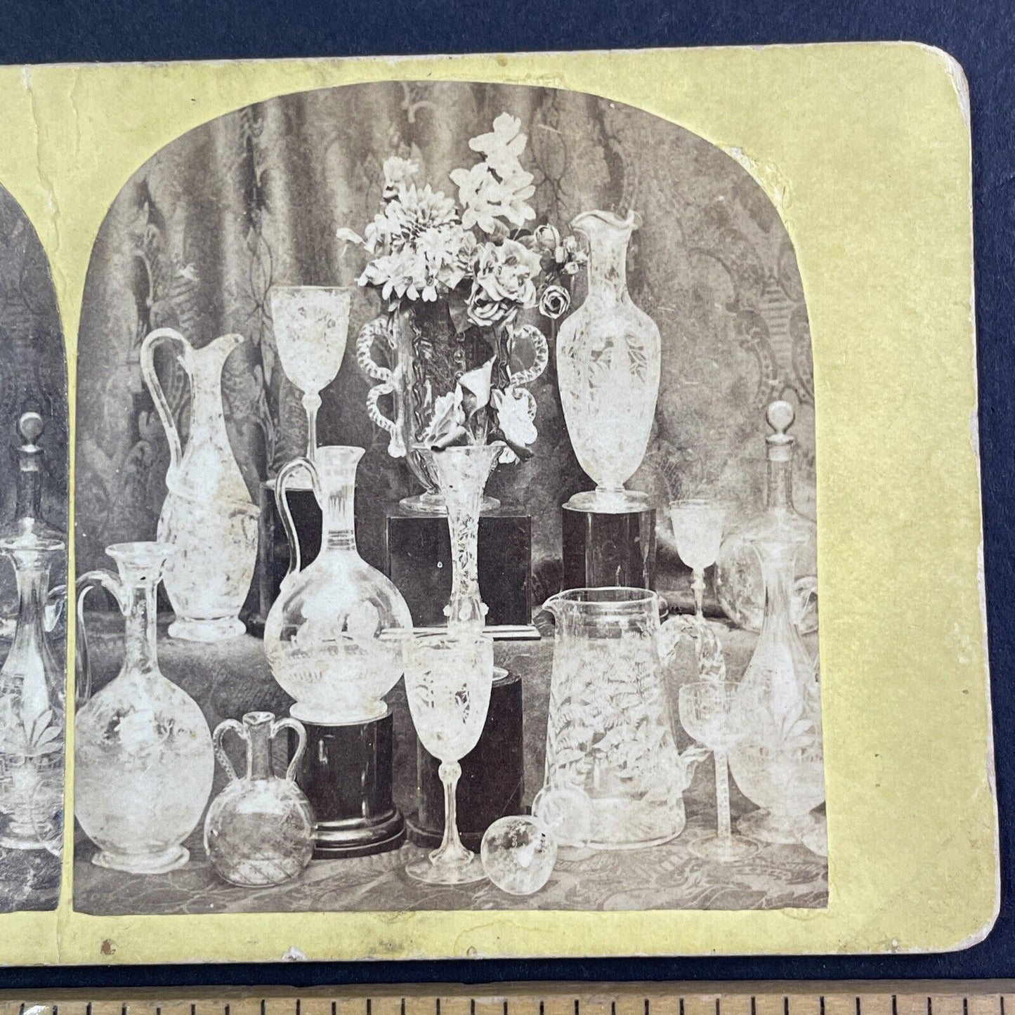 Engraved Venetian Glass Stereoview London Exhibition Antique c1862 Y1404