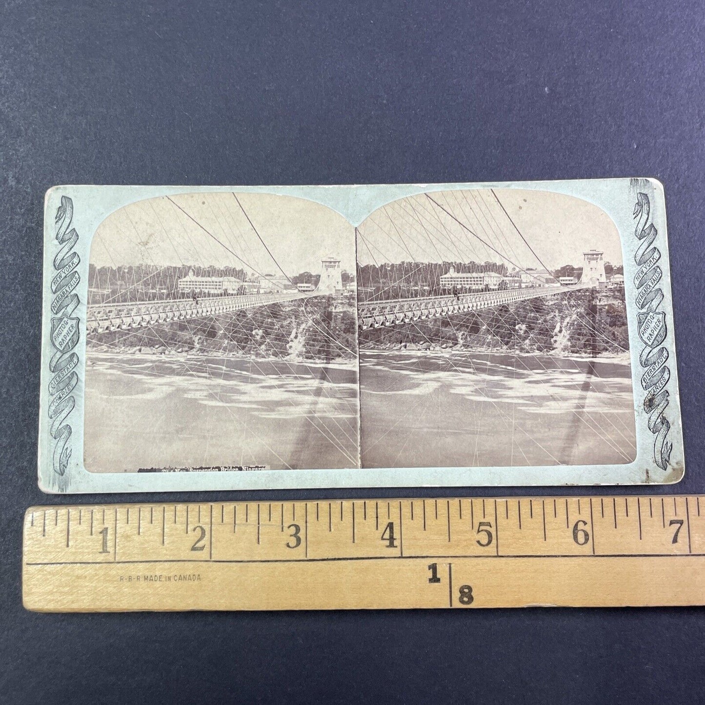 Man Sits at the Edge of Suspension Bridge Stereoview Niagara Falls c1870s Y1828