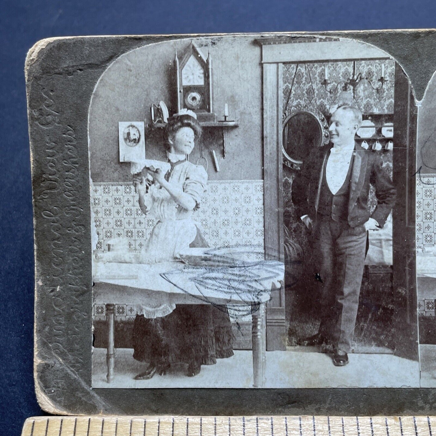 Antique 1903 Woman Making French Bread *GRAFFITI* Stereoview Photo Card P1829