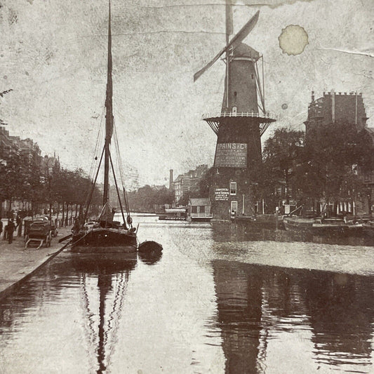 Antique 1890s Windmill In Rotterdam Netherlands Stereoview Photo Card P5516