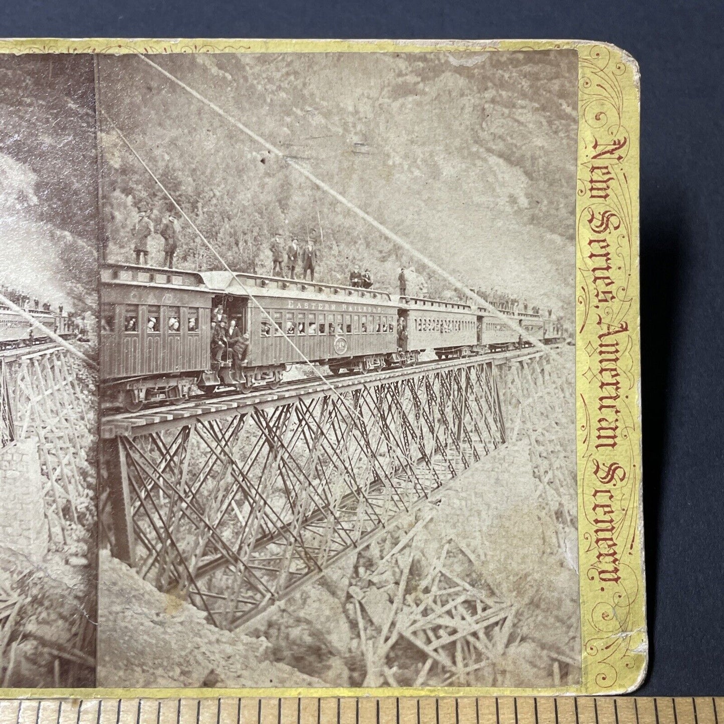 Antique 1870s Men Standing On Train Frankenstein NH Stereoview Photo Card V1839