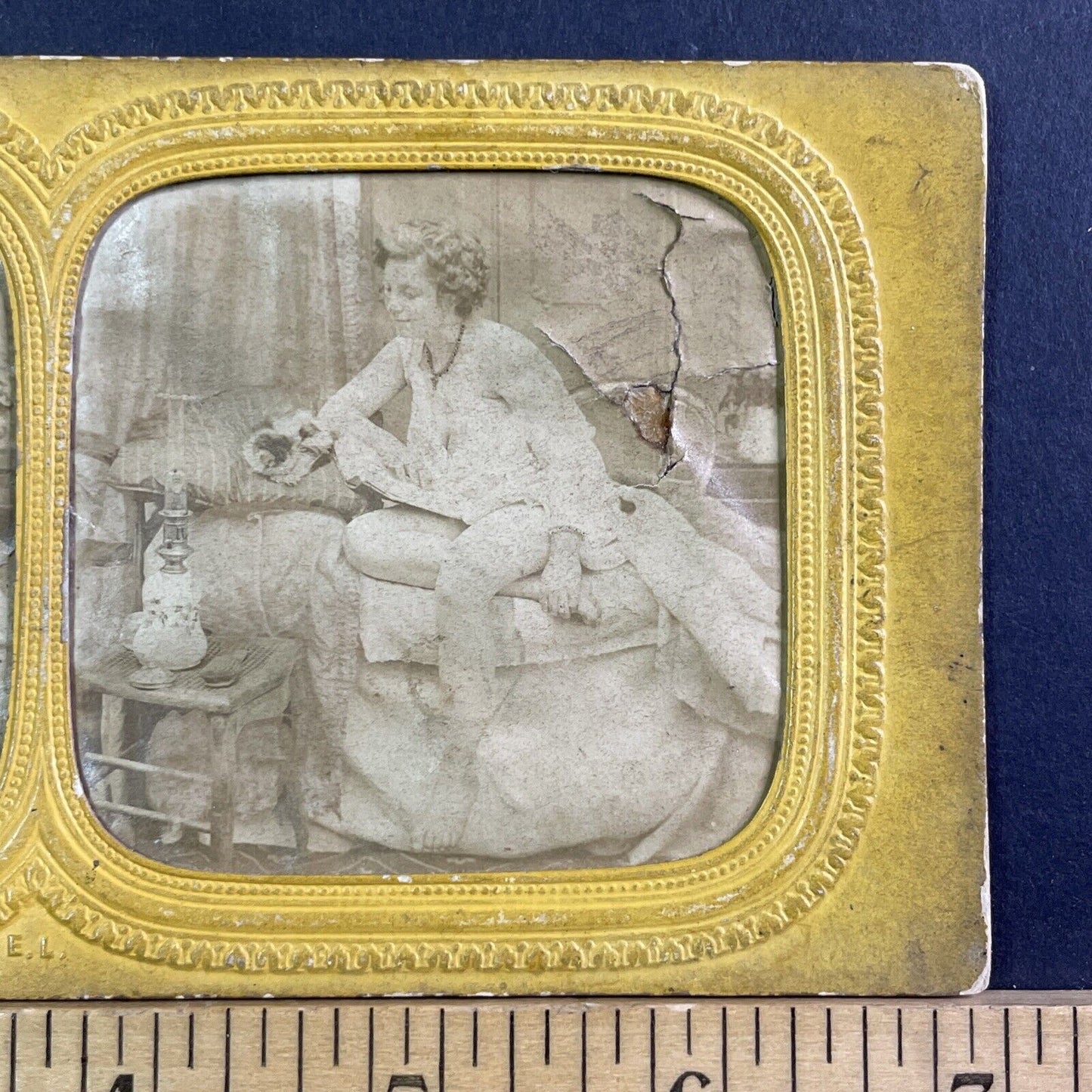 Risque Photo Of Woman Undressing Stereoview French Tissue Antique c1860s XT2121