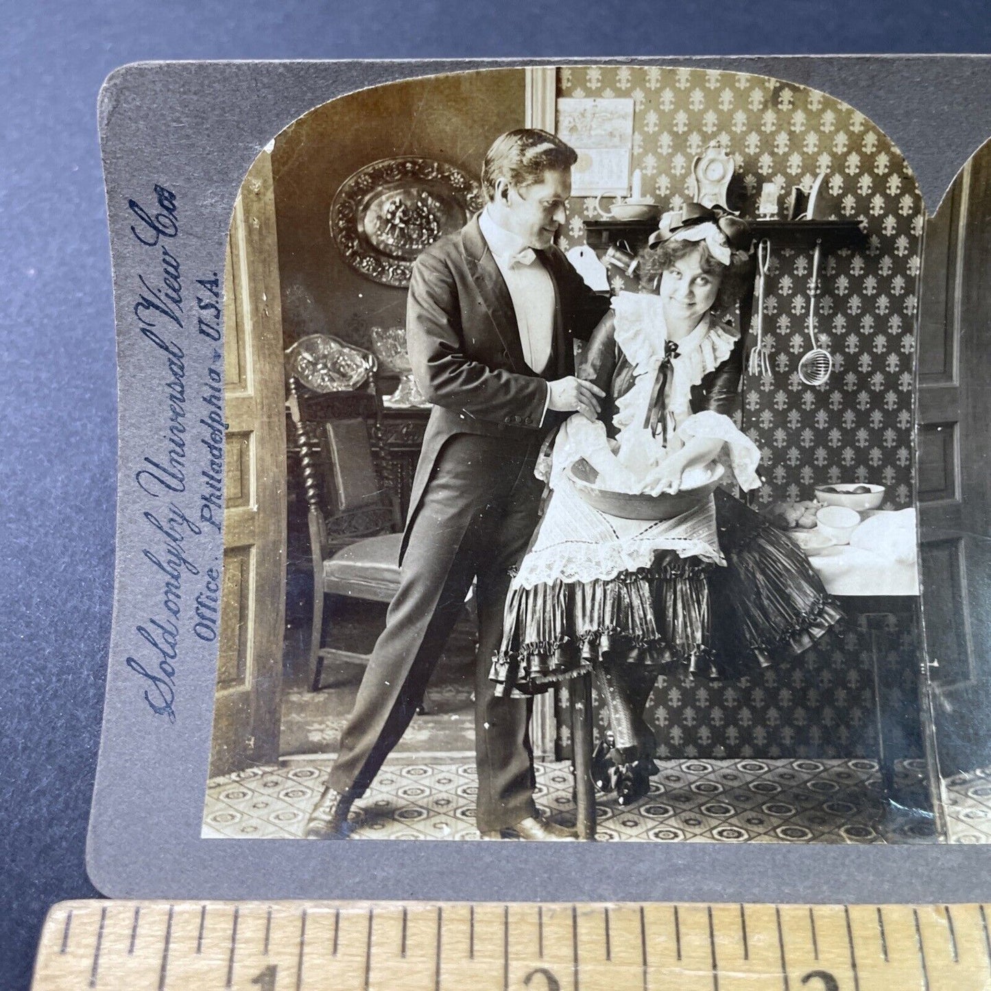 Antique 1902 Husband Flirts With French Maid Servant Stereoview Photo Card P3015