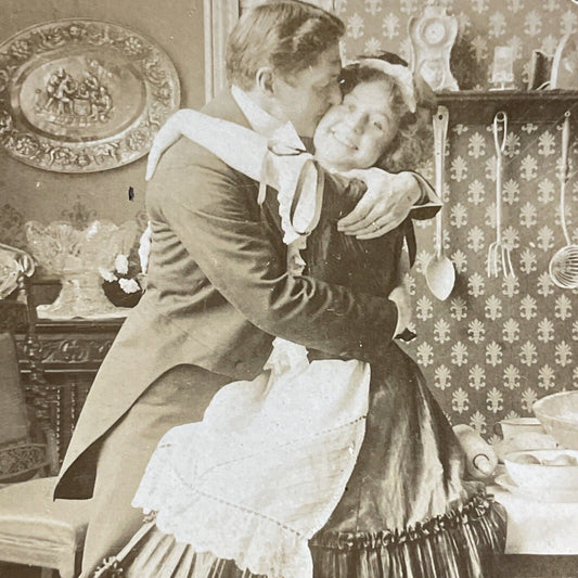 Antique 1902 Man Kisses His Attractive Maid Cook Stereoview Photo Card P5547