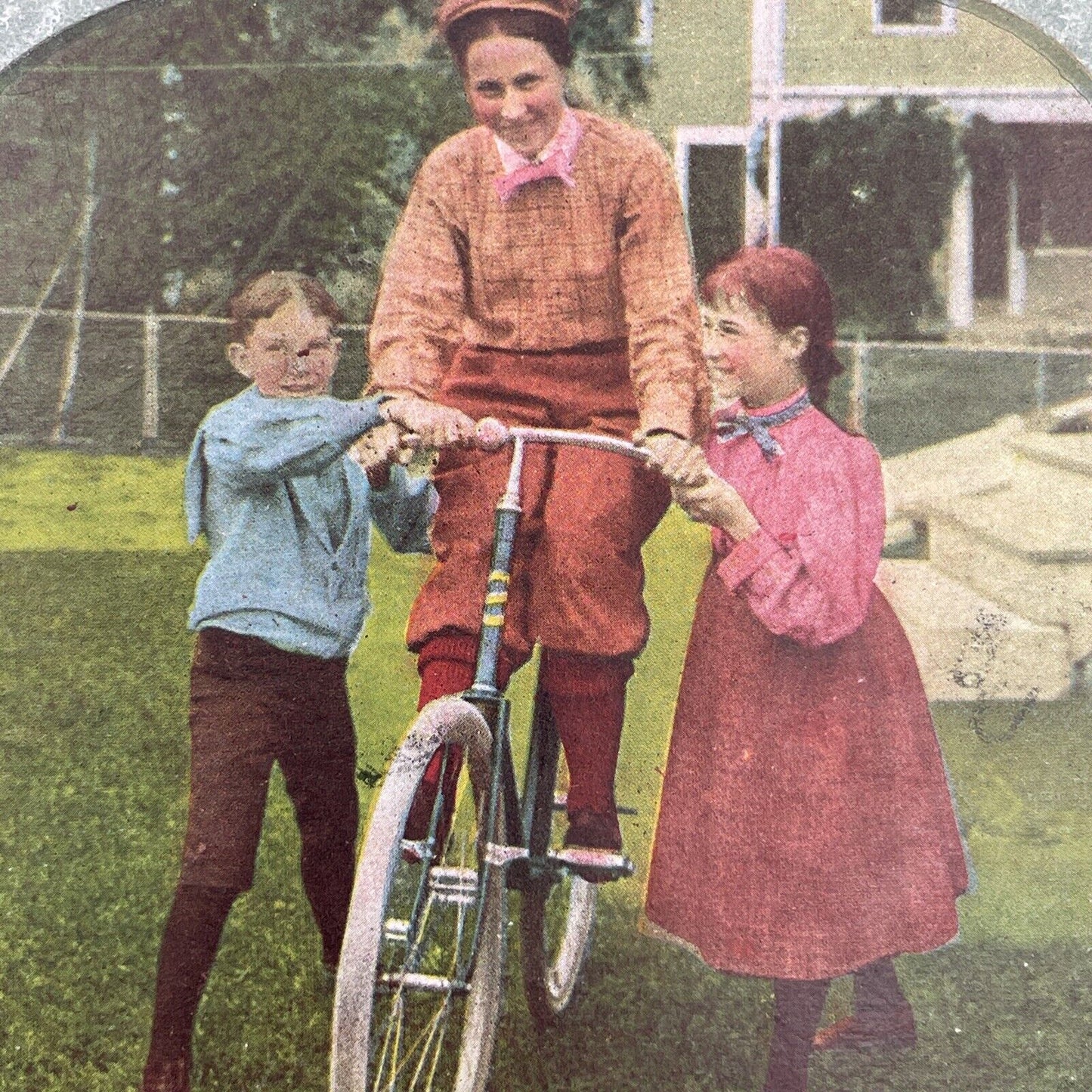 Antique 1898 Woman Learning To Ride A Bicycle Stereoview Photo Card P1253